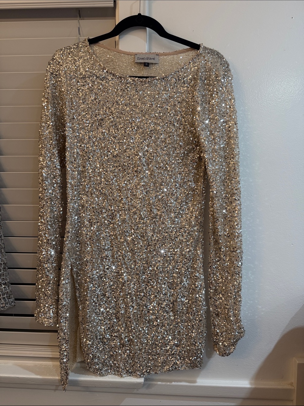 East+West Champagne Sequin Long Sleeve Dress